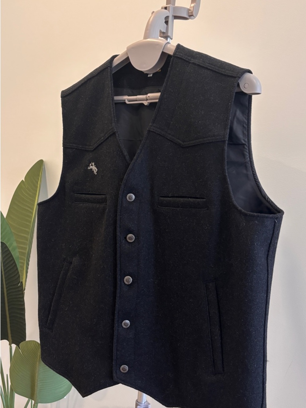 Men's Black Wool-Blend Button Vest with Subtle Embroidered Accent